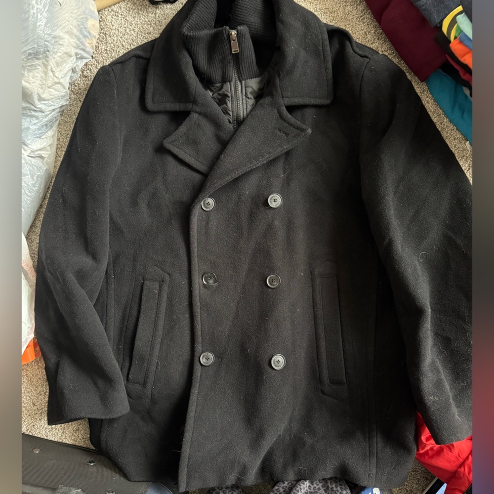 Calvin Klein Black Wool Pea Coat with Wide Lapels